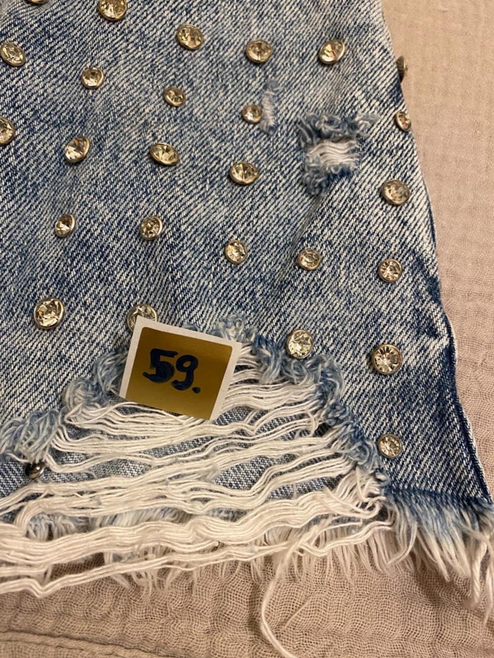 RETROFETE ANGEL EMBELLISHED DENIM SHORT Studded Distressed Denim - Blue. Size 28 - Picture 15 of 15